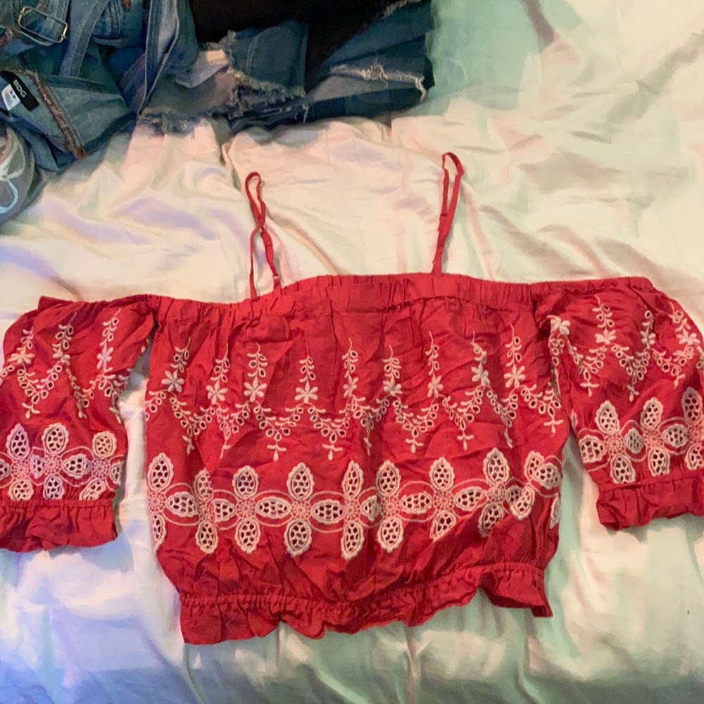 Red embroidered off the shoulder tshirt